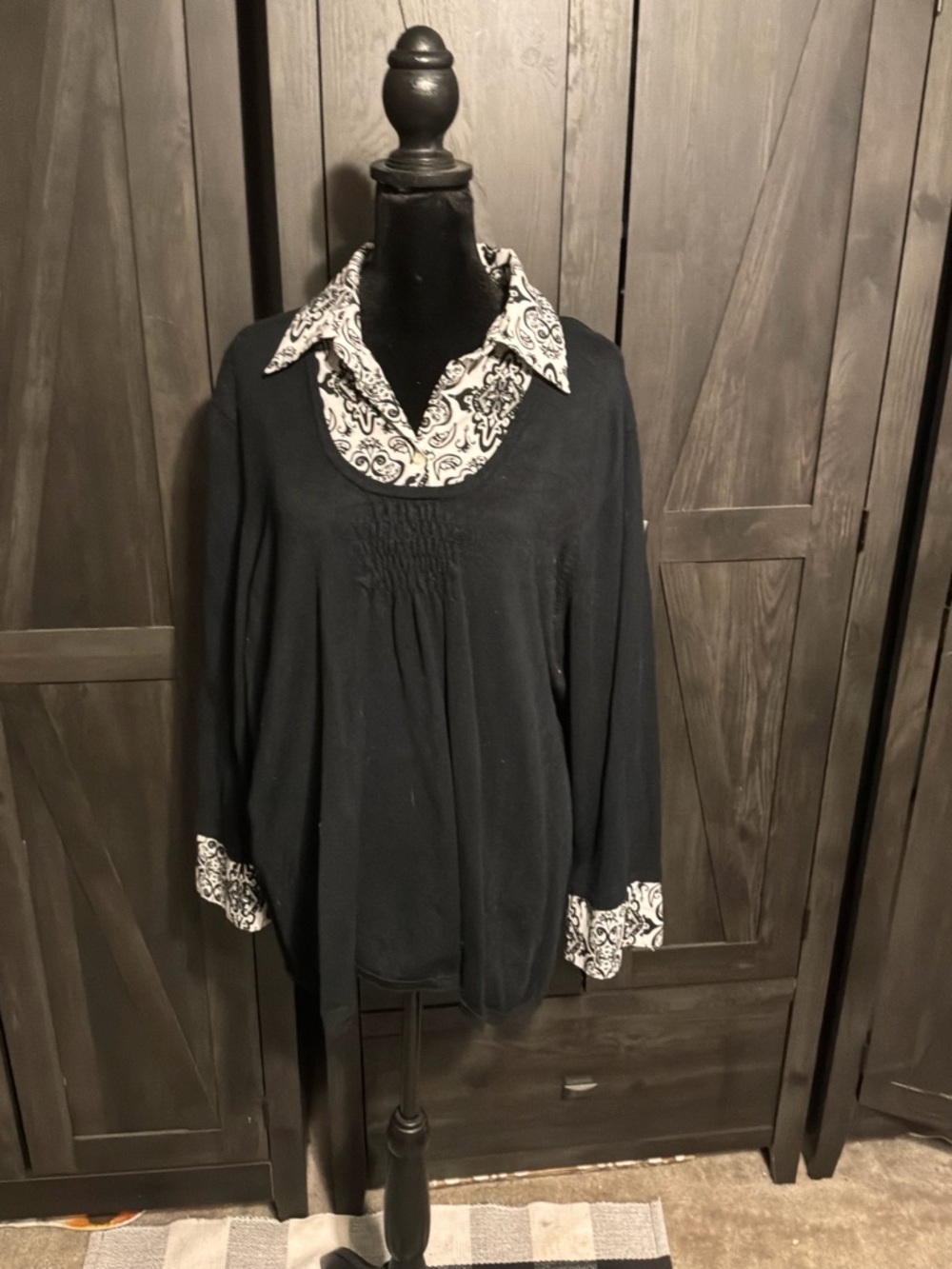 dressbarn Black Long-Sleeve Layered-Look Top with White Paisley Collar